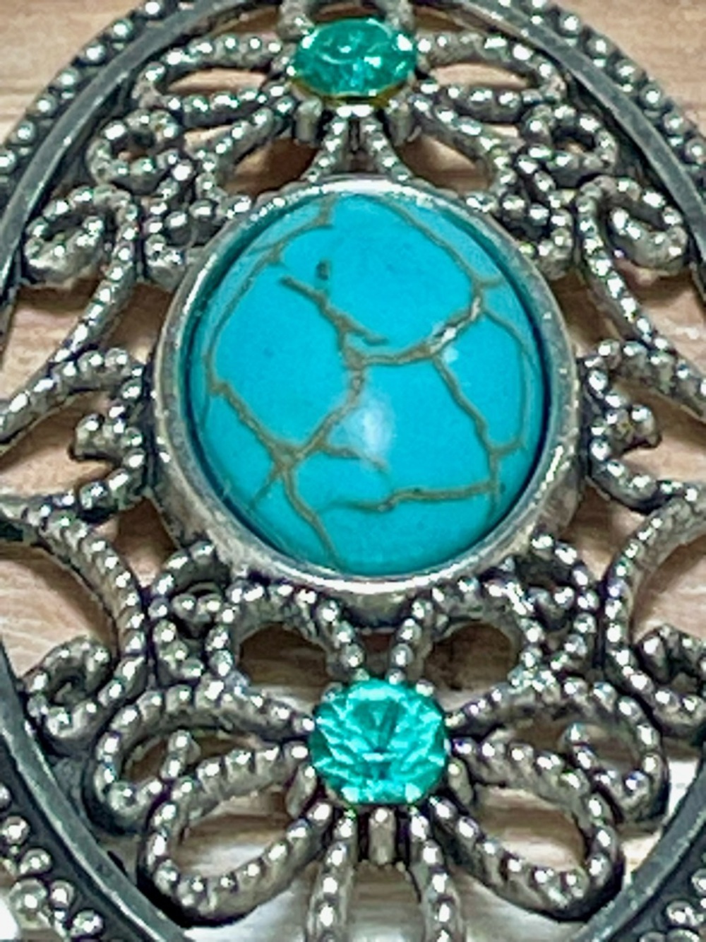 Silver Filigree Turquoise Oval Pendant Necklace - Women Jewelry - Picture 4 of 4